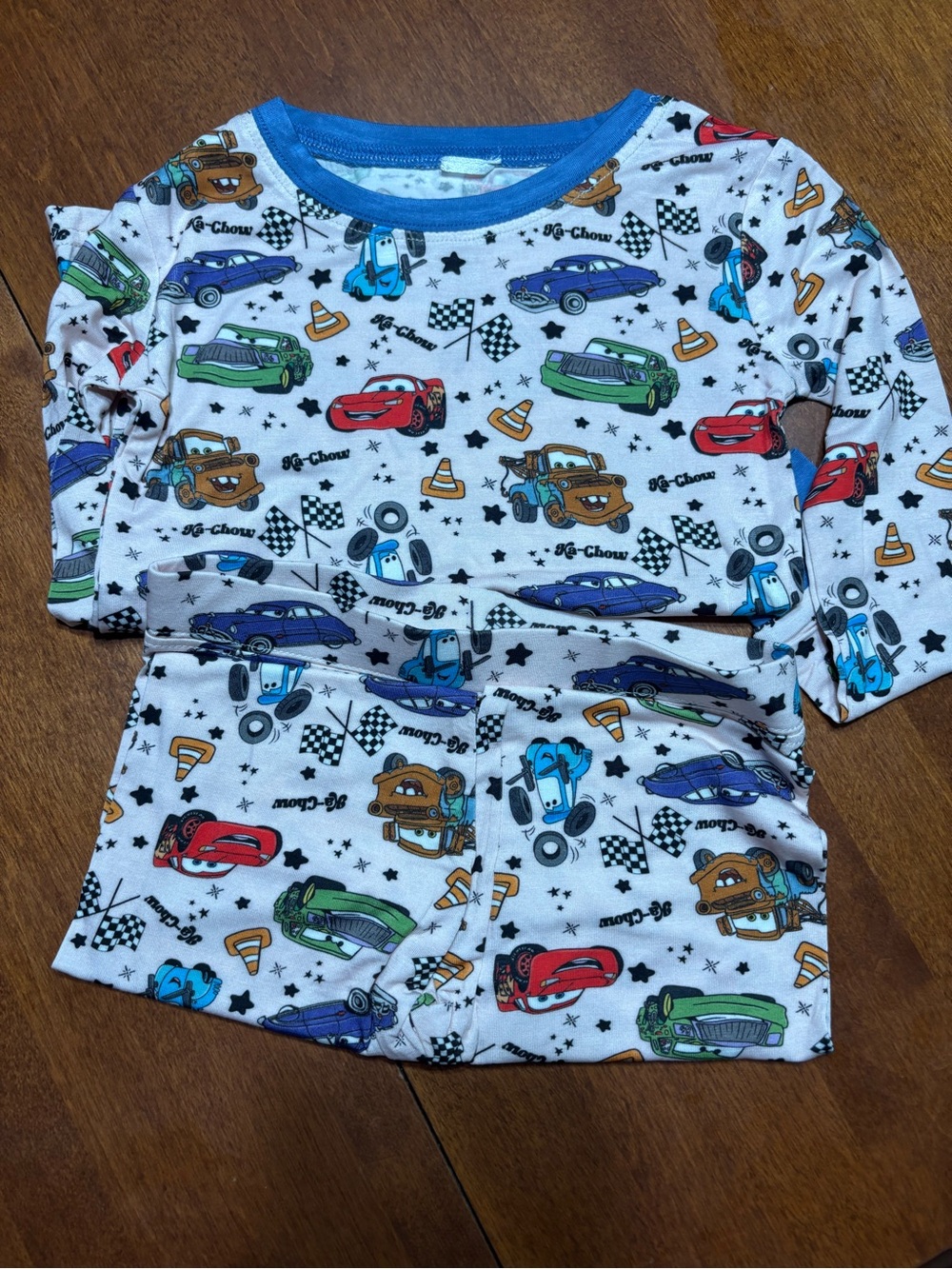BAMBOO White Pajama Set with Blue Neckline & Multi Car Print